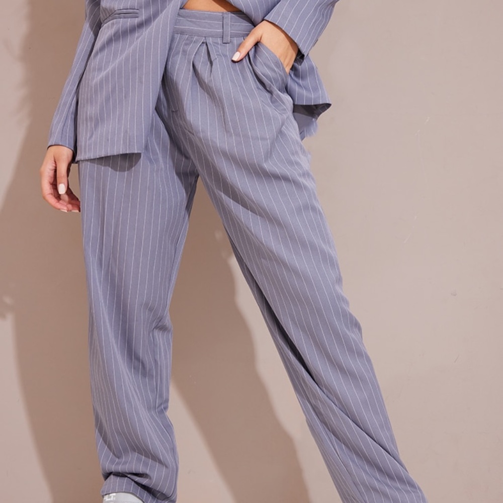 ALIX EARLE Charcoal Grey Pinstripe Woven High Waisted Cigarette Pants